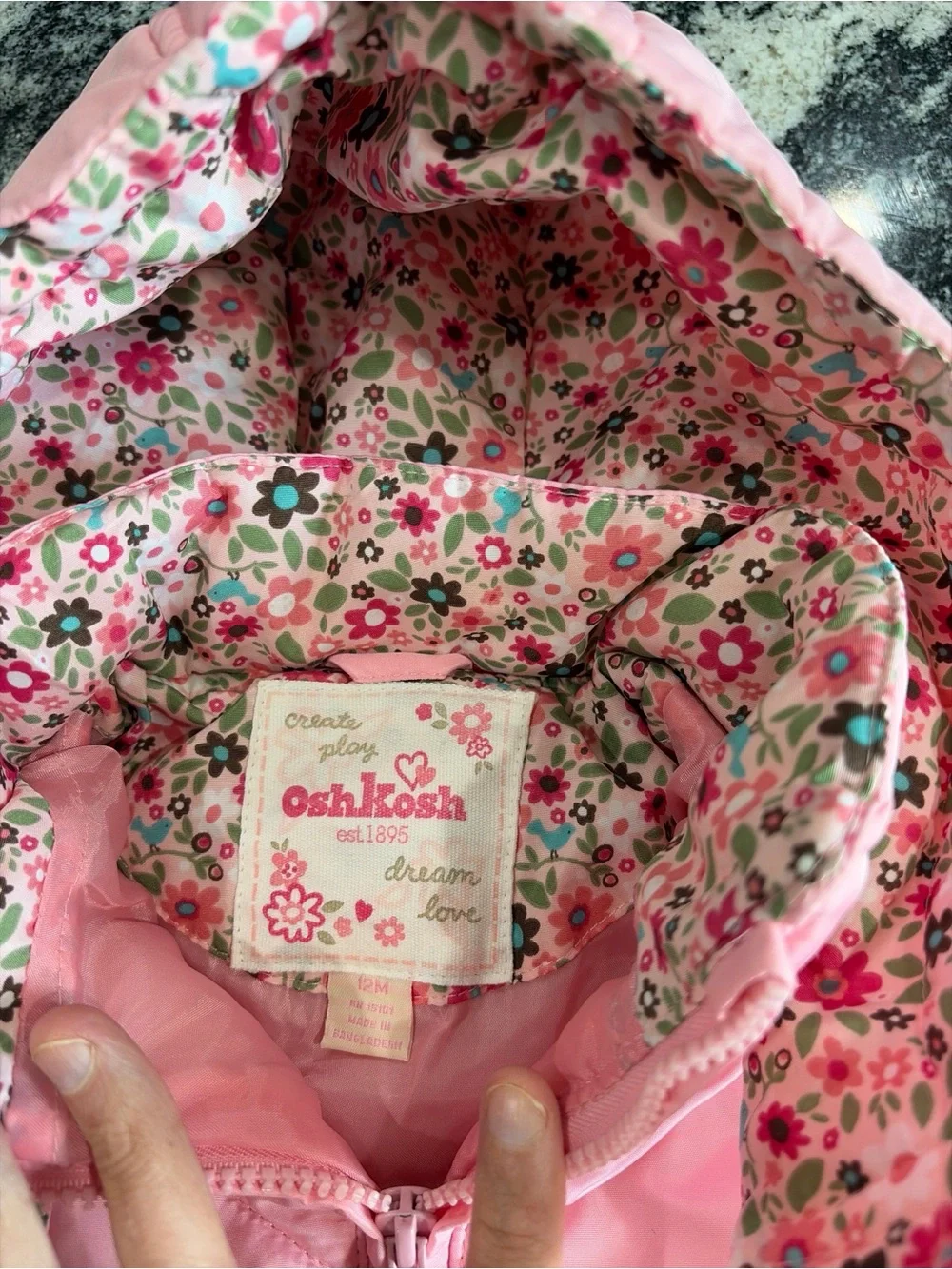 Nwot OshKosh B'Gosh  baby girls Pink Floral Lined Puffer Winter Jacket 12M